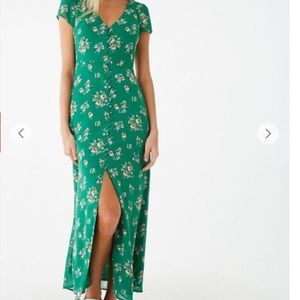 Long green floral front button up dress forever 21